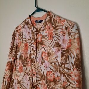Lands End Top Women Small Brown Pink Linen Shirt Button Up Band Collar Floral